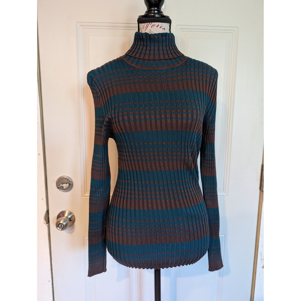 It's Our‎ Time Teal Taupe Striped Turtleneck Ribbed Fitted Sweater Juniors XL